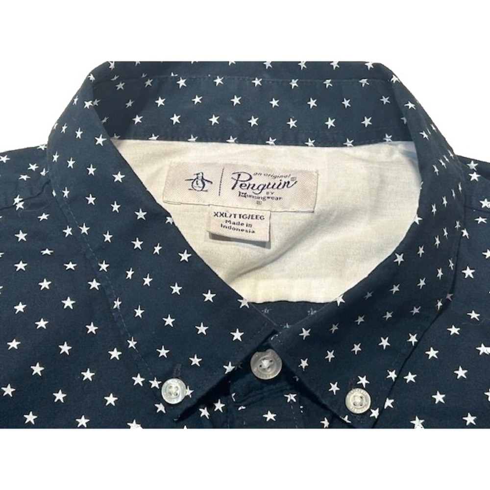PENGUIN Men's Navy Blue Button Up Shirt w/White Stars Short Sleeve Pocket -‎ 2XL